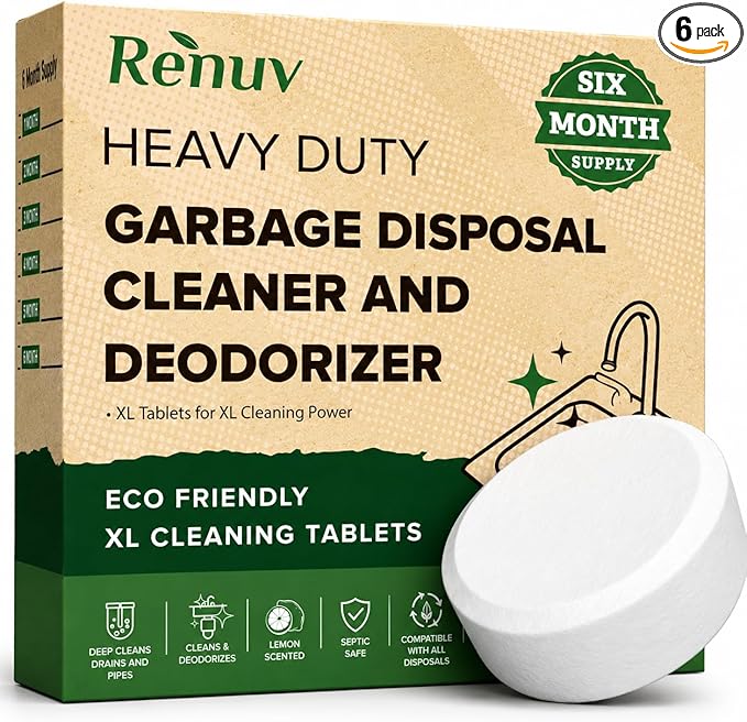 Renuv® Garbage Disposal Cleaner and Deodorizer Tablets Drain Freshener, Deodorizer, Cleaner for Garbage Disposer Cleaners (6 XL Tablets - 6 Months Supply)