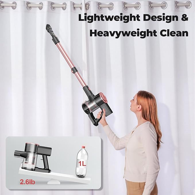 Cordless Vacuum Cleaner, Powerful Lightweight Stick Vacuum with Self-Standing, Anti-Tangle, 8-in-1 Rechargeable Vacuum Cleaners for Home, Hardwood Floors, Carpet, Pet Hair