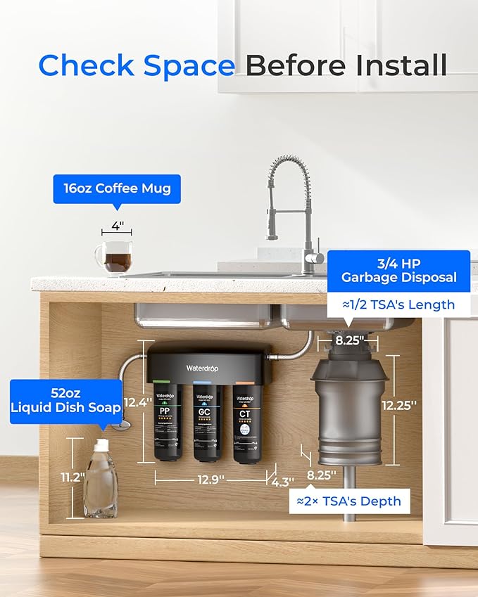 Waterdrop TSA 8 Layer Under Sink Water Filter System, Under Sink Water Filtration System, Reduces PFAS, PFOA/PFOS, Fluoride, Chlorine, Bad Taste & Odor, NSF/ANSI 42 Certified, Direct Connect to Faucet