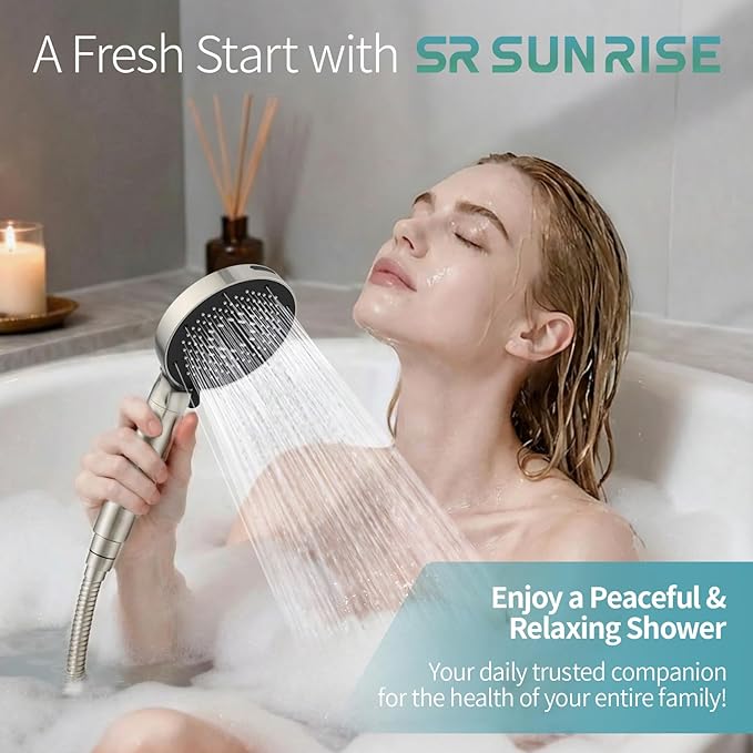 SR SUN RISE NSF Certified Filtered Shower Head with Handheld for Hard Water to Remove Chlorine High Pressure 9-Spray Setting (with Power Wash) Anti-Clog Nozzles(1Filter, Brushed Nickel)