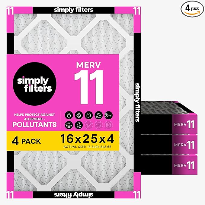 Simply 16x25x4 Air Filter MERV 11, MPR 1000, 4 Pack, For Home AC Furnace & HVAC (Actual Size: 15.75"x24.75"x3.75") DUST Pet & Allergy Control