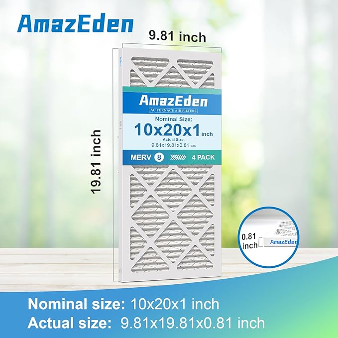 10x20x1 Air Filter MERV 8 (4-Pack) MPR 600 FPR 5 HVAC AC Furnace Pleated Filters for Home Dust Defense Replacement (Actual Size: 9.81x19.81x0.81 Inches)