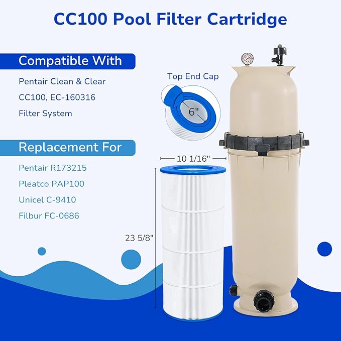 Fil-fresh CC100 Pool Filters Cartridge Compatible with Pentair Clen & Clear 100, Replace for Pleatco PAP100, Pentair R173215, Unicel C-9410, 100 sq. ft, 1-Pack