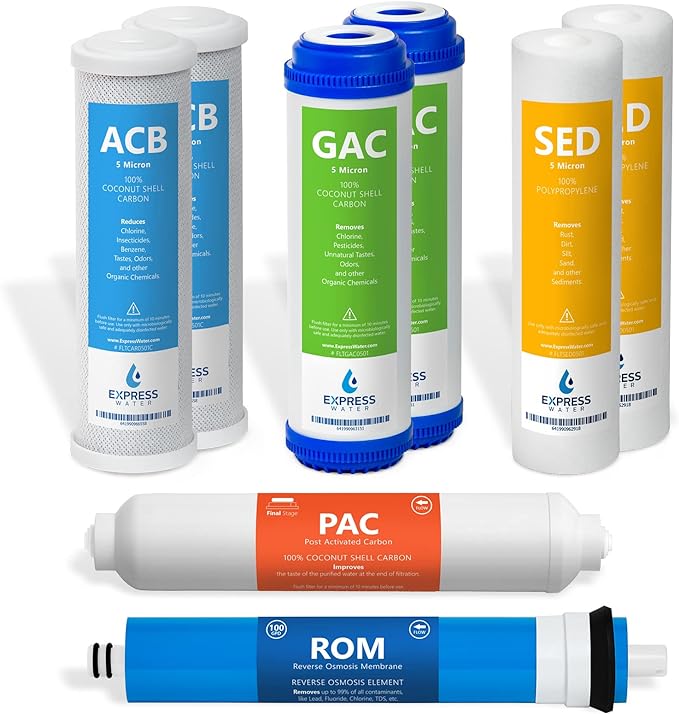 Express Water – 1 Year Reverse Osmosis System Replacement Filter Set – 8 Filters with 100 GPD RO Membrane, Carbon GAC, ACB, PAC Filters, Sediment SED Filters – 10 inch Size Water Filters…