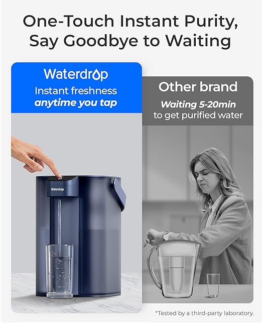 Waterdrop ED61B Water Filter Dispenser, 200-Gallon Rechargeable Water Pitcher, Instant 15-Cup Countertop System, 10X Filtration Efficiency, Reduce 98% Chlorine and 20+ Contaminants, Blue