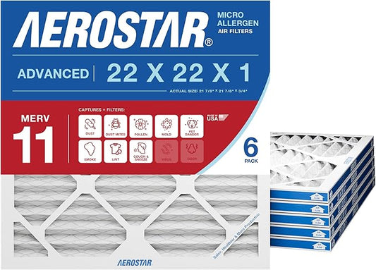 Aerostar 22x22x1 MERV 11 Pleated Air Filter, 6 Pack, AC Furnace Filters, HVAC Filter, Air Conditioner Filters, Heater Filters Replacement for Home (Actual Size: 21.875x21.875x0.75)