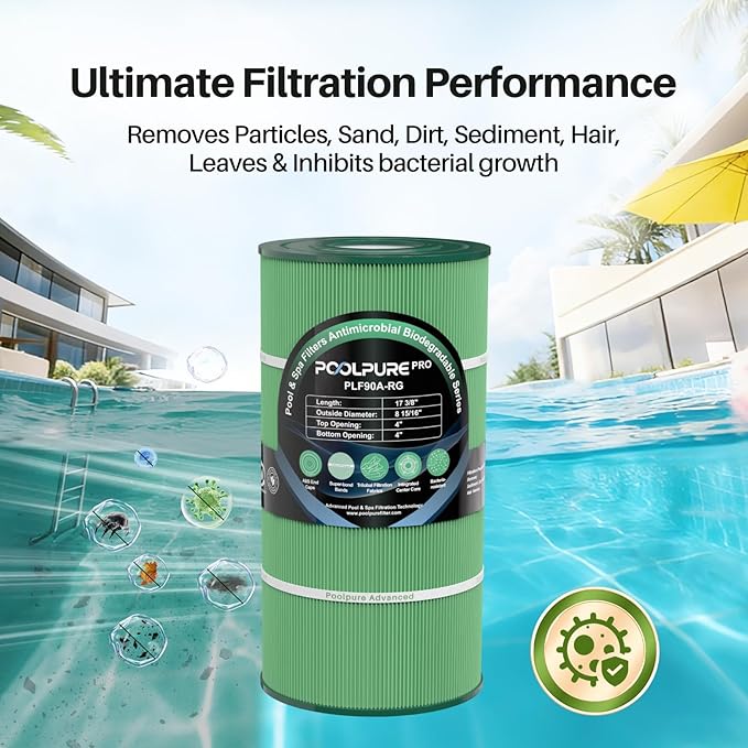 POOLPURE C900 Antimicrobial Pool Filter, Compatible with Hayward C900, CX900RE, Pleatco PA90, Ultral-B6, Unicel C-8409, Filbur FC-1292, Sta-Rite PXC95, Antimicrobial Fabric, LxOD: 17 3/8" x 8 15/16"