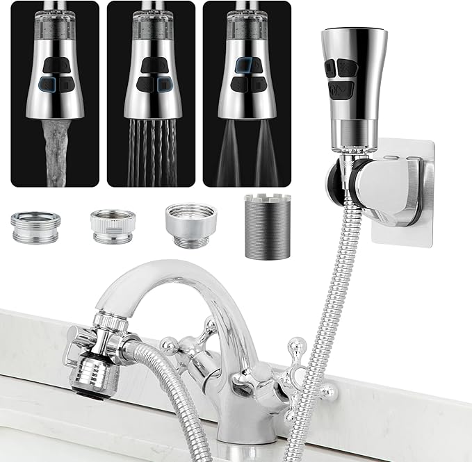 CECEFIN Kitchen Faucet Hose Attachment, 4-Mode ON/Off Sink Sprayer Head with Filter, 4.9Ft Stainless Steel Hose, Water Saving Aerator w/ 3-Way Diverter Valve for Hair Washing Laundry Room & Pet Shower