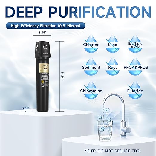 AQUALTRA USF02-BKF Under Sink Filter System, 20K Gal with Faucet, NSF/ANSI/CAN 372 Certified, Reduce PFOA, PFOS, Chlorine, Lead, Mercury, Chloramine, Fluoride, Microplastic Particles, Bad Taste & Odor