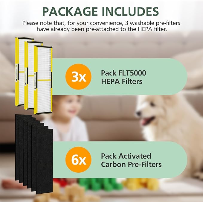 3 Pack FLT5000 Filter C Replacement with 6 Pack Activated Carbon Pre-Filters Compatible with G-guardian Air Purifier AC5000 AC5000E AC5250PT AC5350B AC5350BCA AC5350W AC5300B CDAP5500 (3+6)