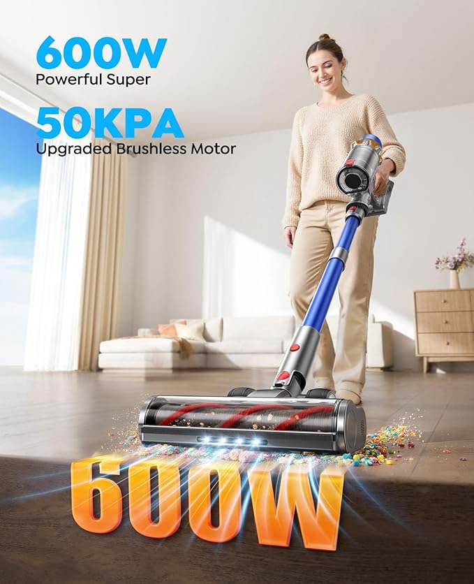 Cordless Vacuum Cleaner with 2 Batteries, 130 Mins/50KPa/600W Stick Vacuum Cleaners for Home with 3.3Ft Hose, Sofa Brush, TouchScreen AUTO-Mode, Wall Mount Charging, Scented, for Floor/Carpet/Pet Hair