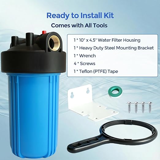 Whole House Water Filter Housing (WH-10HD), 10" x 4.5" Sediment Carbon Filter Universal Housing, Pre-Filtration System for Well and City Water, 1" NPT Port, Pressure Release