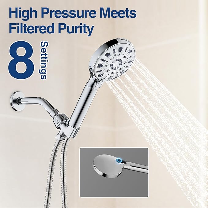 Filtered Shower Head with 8 Spray Modes, High Pressure Handheld Showerhead Filter for Hard Water Filtering Showerhead with Hose(N8HS702CP)