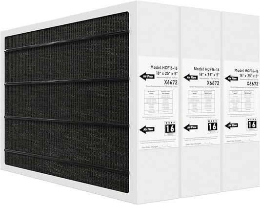 X6672 MERV 16 Filter 16x25x5 Compatible with Lennox X6672 Merv 16 Home Furnace Filter for HVAC System, Number HCF16-16, (Actual Size: 15.75 x 24.75 x 4.37 In), 3 Pack