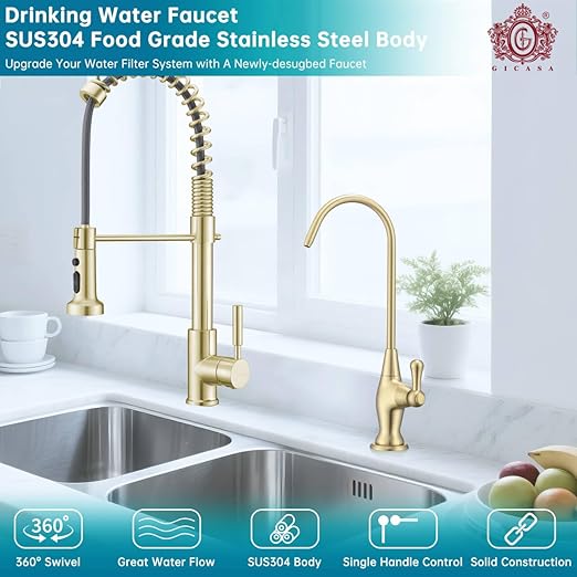 Sink Drinking Water Faucet, Sink Water Filter System, Suitable for Most Reverse Osmosis or Water Filtration Systems, Stainless Steel Reverse Osmosis Faucet for Kitchen Bar, Brushed Gold