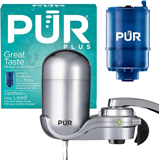 PUR Plus Vertical Faucet Mount Water Filtration System, Lead-Reducing Filter, Great-Tasting, Easy Install, Lasts 100 Gallons, Faucet Water Filter, Compatible with Sinks with External Aerators, Chrome