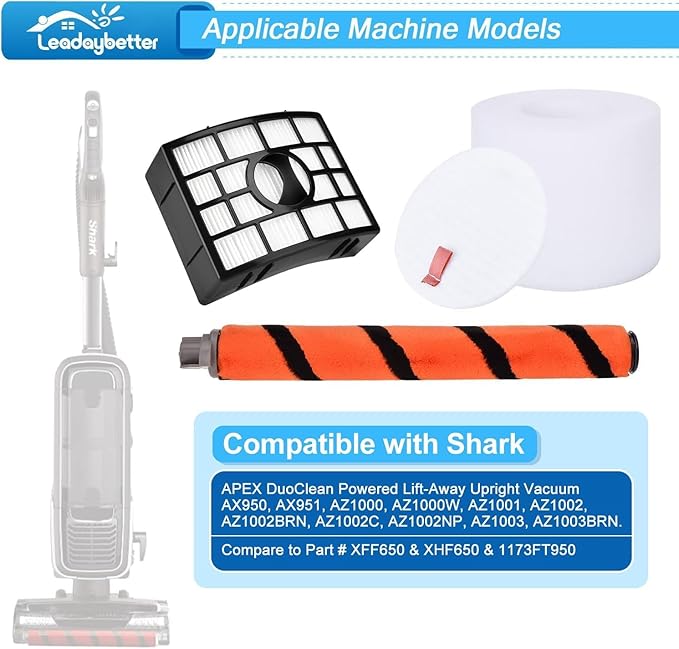 Leadaybetter Filter Replacement for Shark APEX DuoClean Lift-Away AX950 AX951 AZ1002 AZ1000 AZ1000W, 1 Black Filters, 2 Foam & Felt Filters, 1 Brush Roll, Compare to Part # XFF650 & XHF650 & 1173FT950