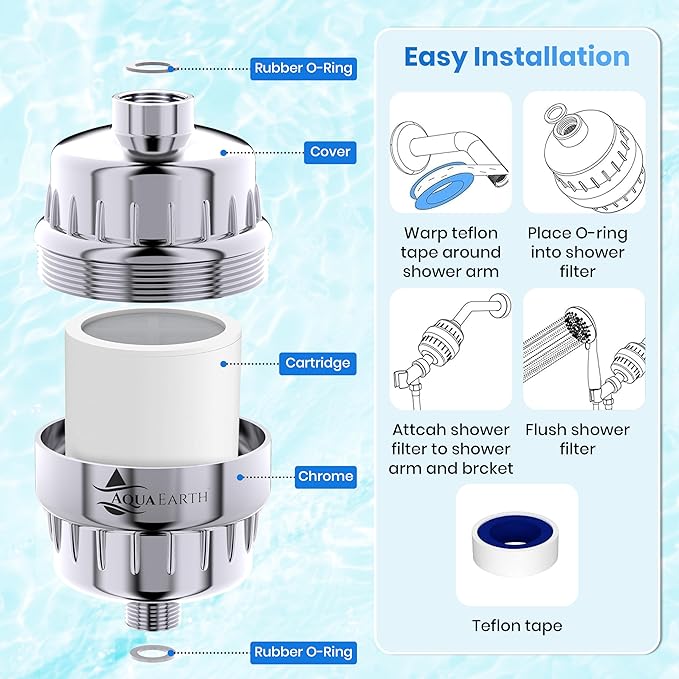 Aqua Earth Shower Filter for Hard Water Remove Chlorine Fluoride Heavy Metals Vitamin C for Healthier Skin, Hair and Nails. 20 Filtration Stages