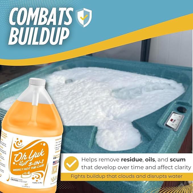 Oh Yuk 5-in-1 Hot Tub Chemicals Weekly Care– Hot tub Clarifier, Spa Cleaner, Water Conditioner – Helps Control Water Balance & Combat Buildup – Spa Care Chemicals for All Types of Hot tubs - 1 Gallon