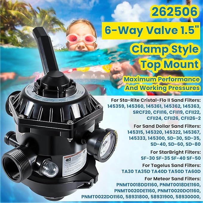 E-cowlboy 262506 1-1/2-Inch 6-Way Clamp Style Multiport Valve Top Mount for Tagelus/Sta-Rite Cristal-Flo II/Meteor/Sand Dollar/StarBright Pool and Spa Sand Filter Black