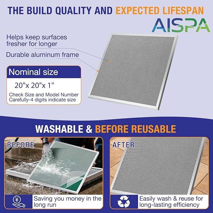 2 Pack ac filter 20x20x1, MERV 11, Washable and Reusable air filter 20x20x1, Sturdy Aluminum Alloy Frame & Nylon Mesh