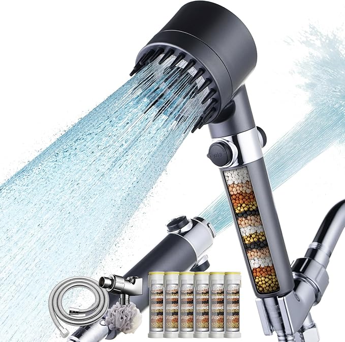 CWPW Filtered Shower Head with Handheld High Pressure 4 Spray Showerhead with Filters for Hard Water-Remove Chlorine,ON/OFF Switch for Pets,With 79" Stainless Steel Hose,Bracket,6 Filters, Bath Loofah
