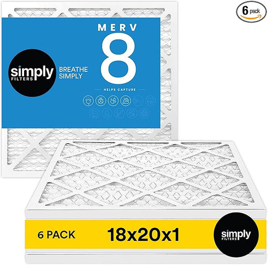 Simply 18x20x1 Air Filter, MERV 8, 6 Pack, For Home AC Furnace & HVAC (Actual Size: 17.81"x19.81"x0.75") DUST, Pet & Allergy Control,