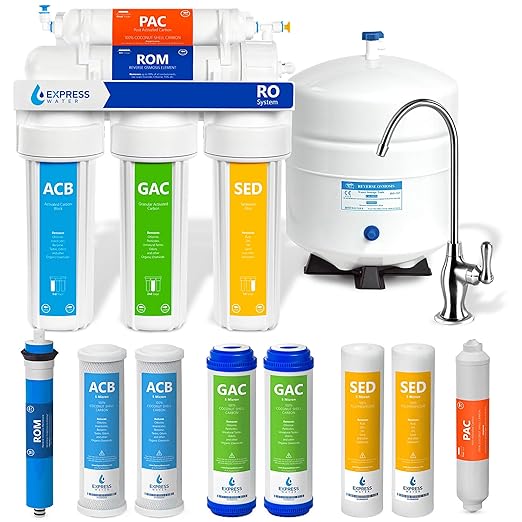 Express Water NSF Certified Reverse Osmosis Water Filter System, Chrome Faucet, Extra 4 Filters, Under Sink 5-Stage RO Drinking System – High Capacity 50 Gallons Per Day, Fast Flow, 3.2 Gallon Tank