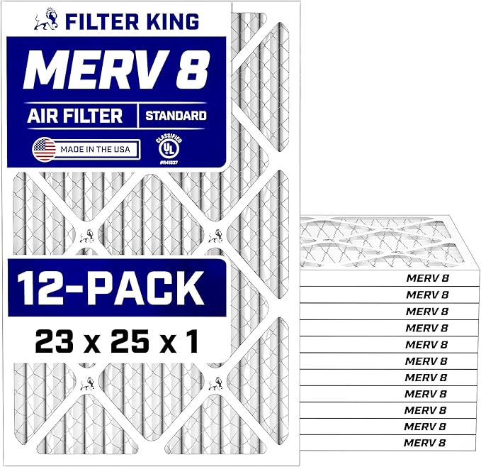 Filter King 23x25x1 Air Filter (MERV 8) (12-Pack) Dust & Allergy Control AC Furnace Filters, MADE IN USA, HVAC, Pleated, Electrostatic (Actual Size: 23 x 25 x .75)