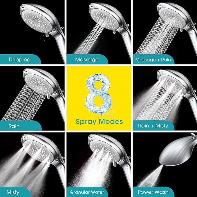 FASDUNT Shower Head with Handheld, High Pressure 8-Mode Filtered Shower Head with 80" Extra Long Stainless Steel Hose & Adjustable Bracket, Built-in Filter for Hard Water -Remove Chlorine, Chrome