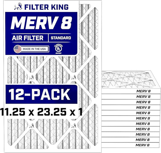 Filter King 11.25x23.25x1 Air Filter (MERV 8) (12-Pack) Dust & Allergy Control AC Furnace Filters, MADE IN USA, HVAC, Pleated, Electrostatic (Actual Size: 11.25 x 23.25 x .75)