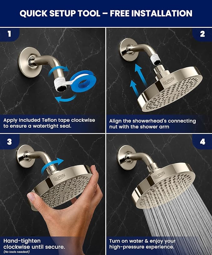 GURIN Shower Head - Powerful High Pressure Rain Shower Head 6 Inch - Luxury Rainfall Showerhead with Adjustable Angles, 90 Anti-Clog Nozzles, Tool-Free 1-Min Install, Premium Brushed Nickel Finish