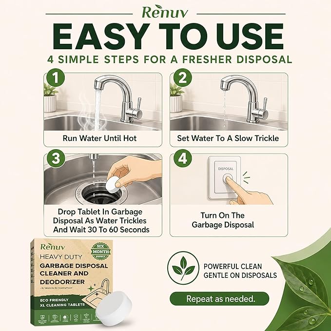 Renuv® Garbage Disposal Cleaner and Deodorizer Tablets Drain Freshener, Deodorizer, Cleaner for Garbage Disposer Cleaners (6 XL Tablets - 6 Months Supply)