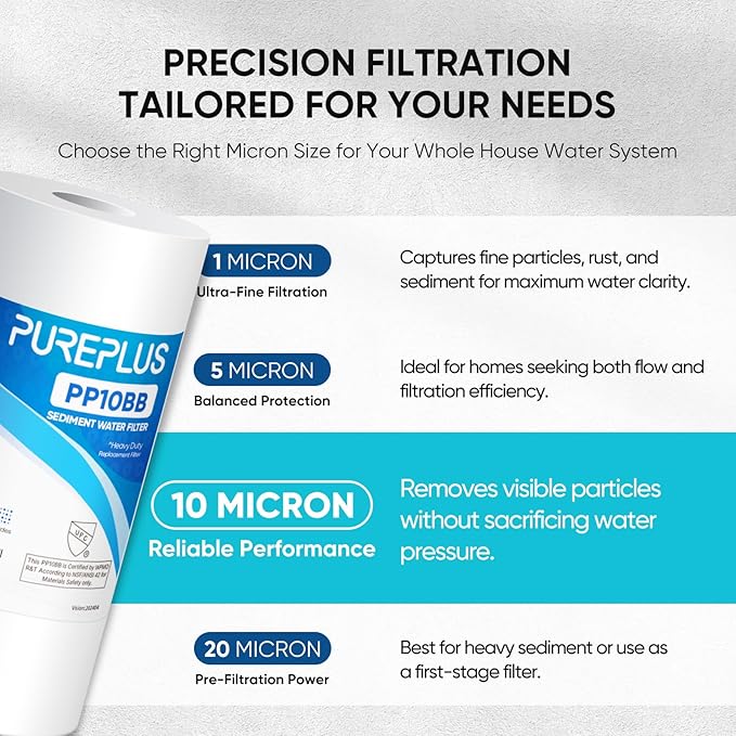 PUREPLUS 10 Micron 10" x 4.5" Whole House Sediment Home Water Filter Replacement Cartridge for Culligan RFC-BBSA, HD-950, WFHD13001B, W15-PR, GXWH30C, GXWH35F, Aqua-Pure AP817, PP10BB, 2PACK