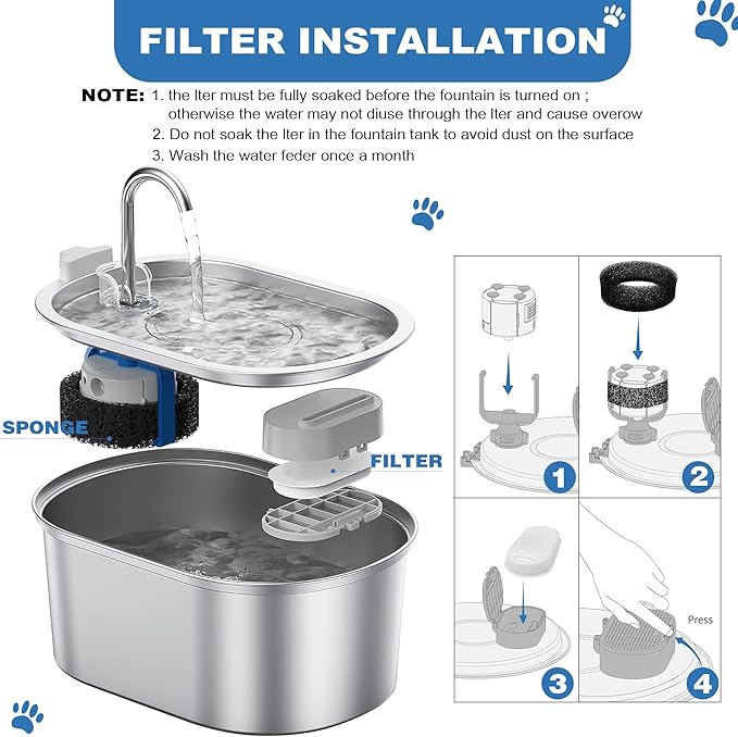Cat Water Fountain Replacement Filters - 28 Pack Triple Action With Carbon Filter and Pre-Filter Sponges (14 Filters & 14 Sponges) for Pet Water Fountains