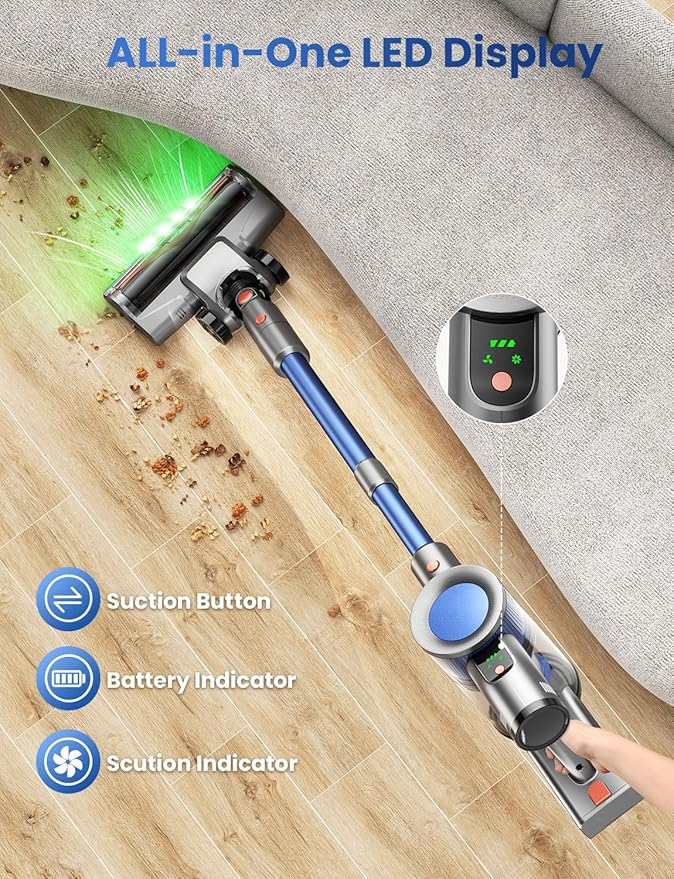 Dzaki Cordless Stick Vacuum Cleaner, 50KPa Brushless Motor Vacuum with Anti-Tangle, LED Display, 55-Min Runtime & Detachable Battery for Pet Hair, Carpet & Hardwood Floors