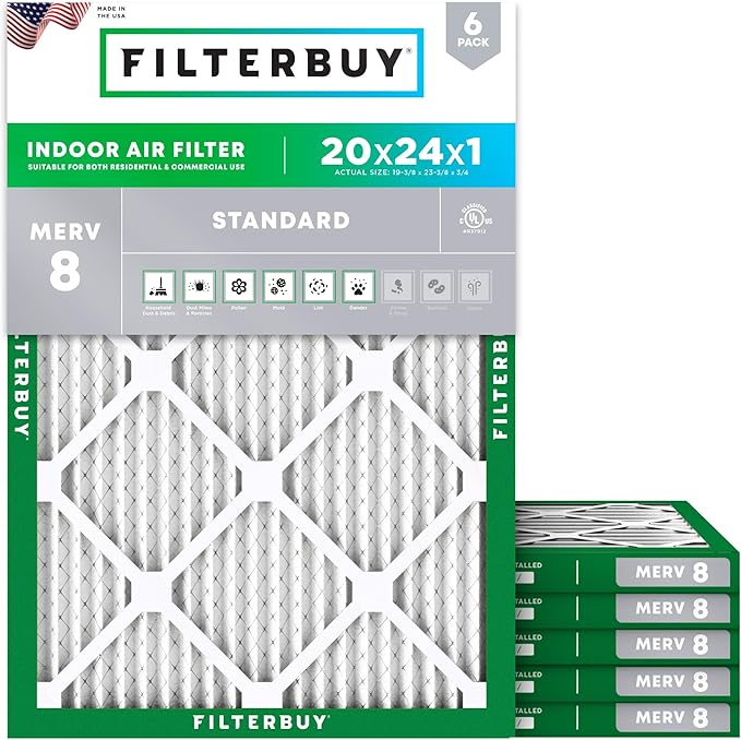 Filterbuy 20x24x1 Air Filter MERV 8 Essential Dust & Allergy Defense (6-Pack), Electrostatic Pleated HVAC AC Furnace Filters Replacement, Made in USA (Actual Size: 19.38 x 23.38 x 0.75)