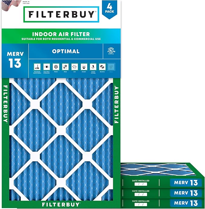 Filterbuy 17x25x1 Air Filter MERV 13 Optimal Smoke & Allergy Defense (4-Pack), Electrostatic Pleated HVAC AC Furnace Filters Replacement, Made in USA (Actual Size: 16.50 x 24.50 x 0.75)