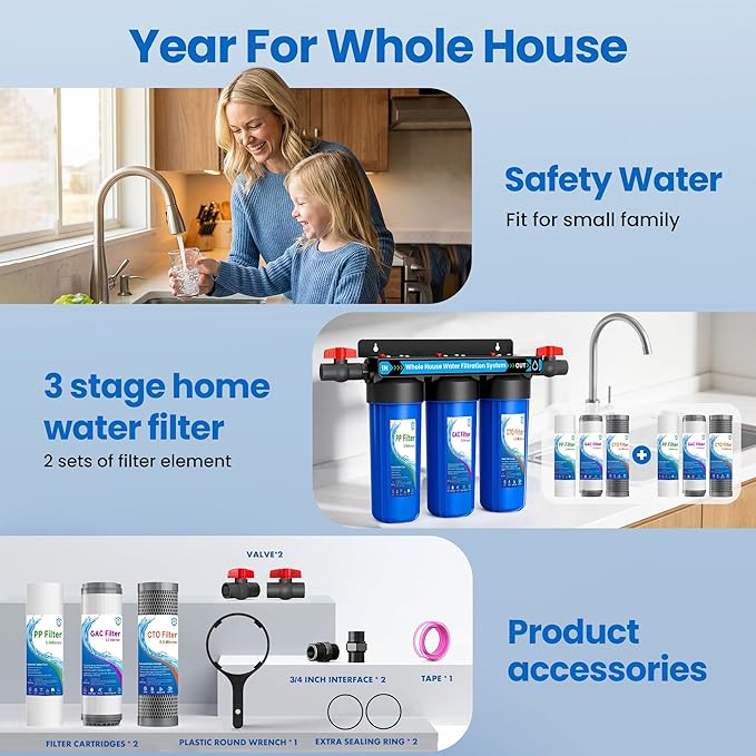 Whole House Water Filter System, Extra 2 Sets Filter, 3 Stage Home Water Filtration System Reduces Chlorine, Sediment, Odor for Healthier Skin, with 2 Valves, 3/4" Ports, for 1-2 Year Use