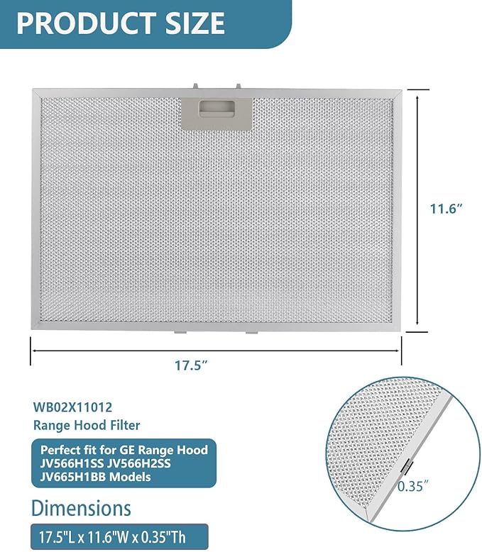 WB02X11012 Range Hood Filter 17.5" x 11.6" Replacement For GE Range Hood JV566H1SS JV665H1BB JV665H1CC JV665H1WW Kitchen Exhaust Fan Stove Hood Vent Filter 5-Layer Aluminum Mesh Grease Filter 2 Pack