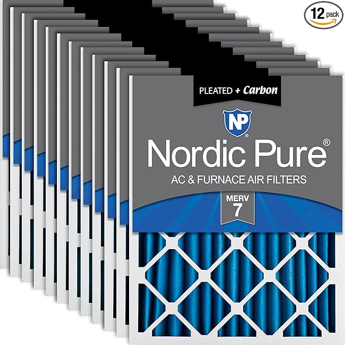 Nordic Pure 16x20x2 (Actual Size: 15 1/2 x 19 1/2 x 1 3/4) Pleated Air Filters MERV 7 Plus Carbon 12 Pack