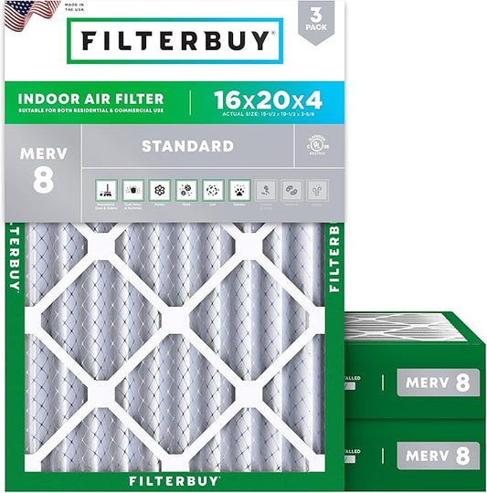 Filterbuy 16x20x4 Air Filter MERV 8 Essential Dust & Allergy Defense (3-Pack), Electrostatic Pleated HVAC AC Furnace Filters Replacement, Made in USA (Actual Size: 15.50 x 19.50 x 3.63)