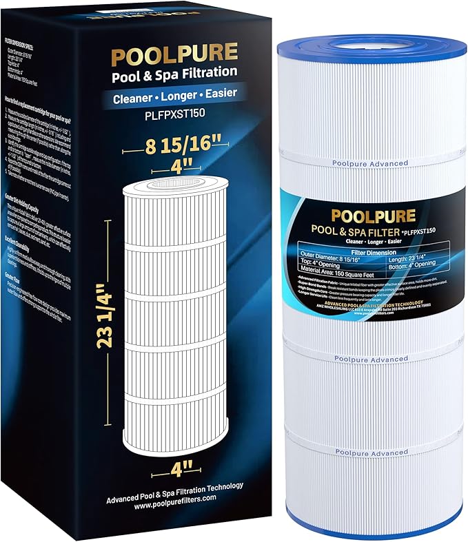 POOLPURE PXST150 Pool Filter Replaces Hayward X-Stream CC1500, CCX1500-RE, Pleatco PXST150, Ultral-B3, Unicel C-8316, Filbur FC-1286, Waterway Pro Clean 150, L x OD: 23 1/4" x 8 15/16" 150sq.ft.