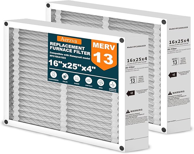 2-Pack 16x25x4 AC Air Filter Compatible with Honeywell FC100A1029 & Lennox, MERV 13, Electrostatic Furnace Filter Replacement, Foldable Design, Actual Size:15.94x24.86x4.38in