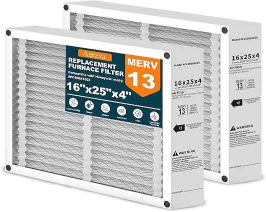 2-Pack 16x25x4 AC Air Filter Compatible with Honeywell FC100A1029 & Lennox, MERV 13, Electrostatic Furnace Filter Replacement, Foldable Design, Actual Size:15.94x24.86x4.38in