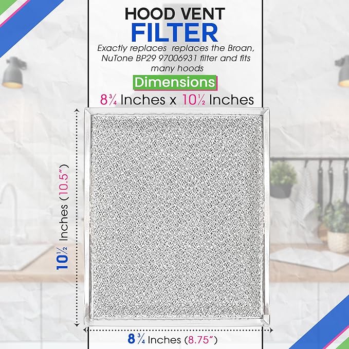 Bagean Stove Hood Vent Filter 10.5" x 8.75" 97006931 Compatible with Broan Range Hood Filter Replacement BP29 - Fit's Nutone Kitchen Exhaust Fan - Blocks Grease & Filters Over Oven Air (4-Pack)
