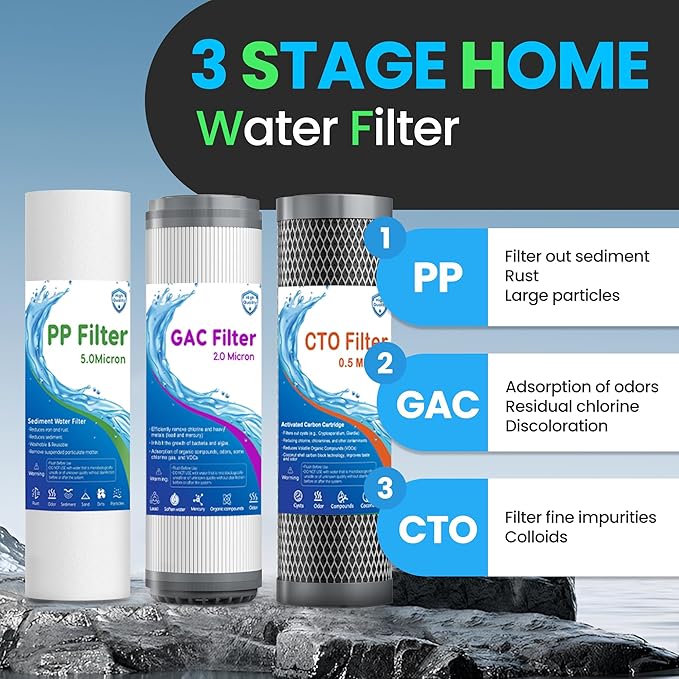 Whole House Water Filter System, Extra 2 Sets Filter, 3 Stage Home Water Filtration System Reduces Chlorine, Sediment, Odor for Healthier Skin, with 2 Valves, 3/4" Ports, for 1-2 Year Use
