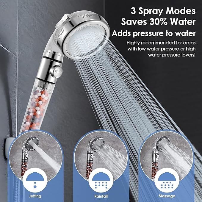 Vacto High Pressure Handheld Shower Head with Filter, Shower Head Kits with Hose and Bracket, Hard Water Softener Water Purifying Filtered Showerheads with Filter Beads