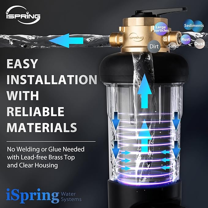 iSpring WSP100ARJ-BP Whole House Water Filter System Prefilter, Auto Flushing Spin Down Sediment Filter for Well Water, Integrated Bypass, 4-Mode Touch-Screen, Reusable, Jumbo Size, 100 Micron