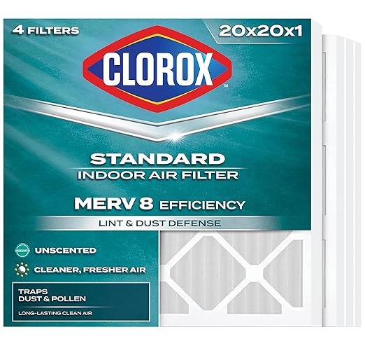 Clorox 20x20x1 Air Filter, MERV 8 Pleated HVAC AC Furnace Air Filters for Lint, Dust and Pollen, MPR 600 & FPR 5 – Pack of 4